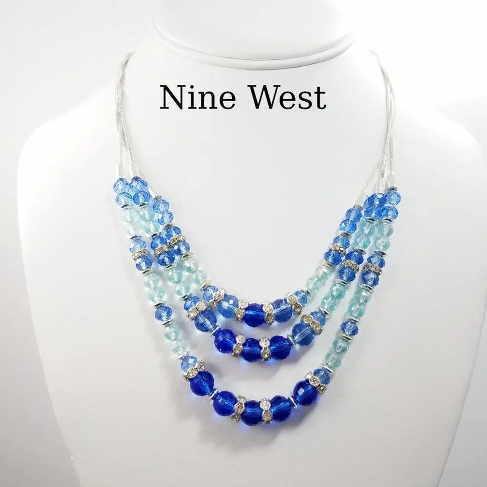 Nine West Blue Beads 3 Strand Snake Chain Necklace, 18 Inches